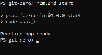 npm.cmd start가 정상 종료하고 Practice app ready가 나타납니다.